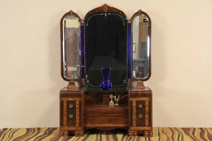 Art Deco Waterfall 1930's Dressing Table Vanity, Blue Mirrors