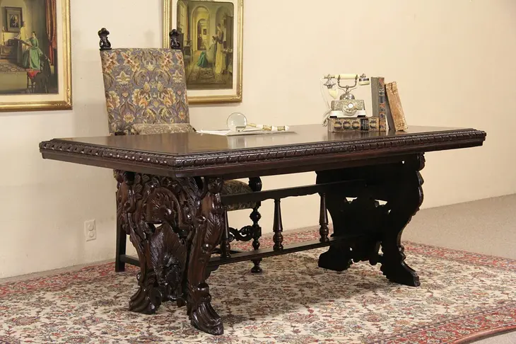 Lion & Flowers Carved Italian Vintage Dining or Library Table, Writing Desk