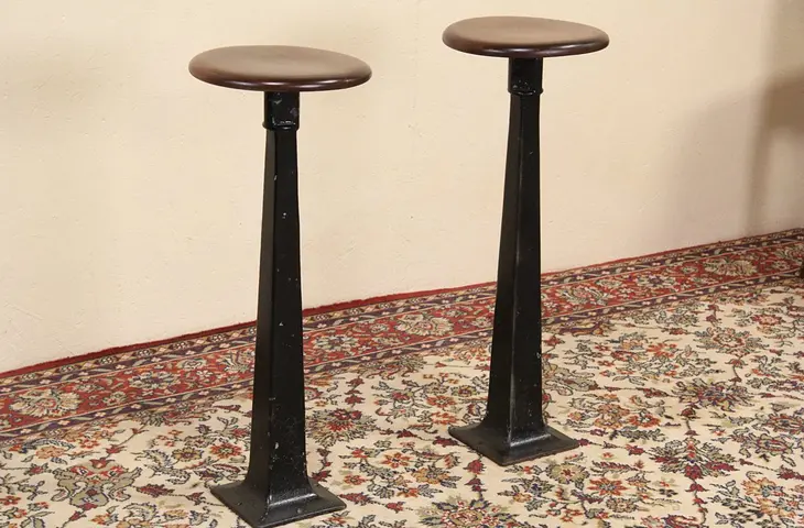 Pair of 1900 Antique Drug Store Soda Fountain Counter Stools, Iron Bases