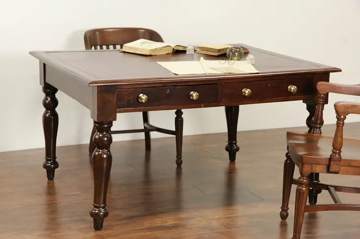 English 1890 Antique Partner Writing Desk or Library Table, Tooled Leather