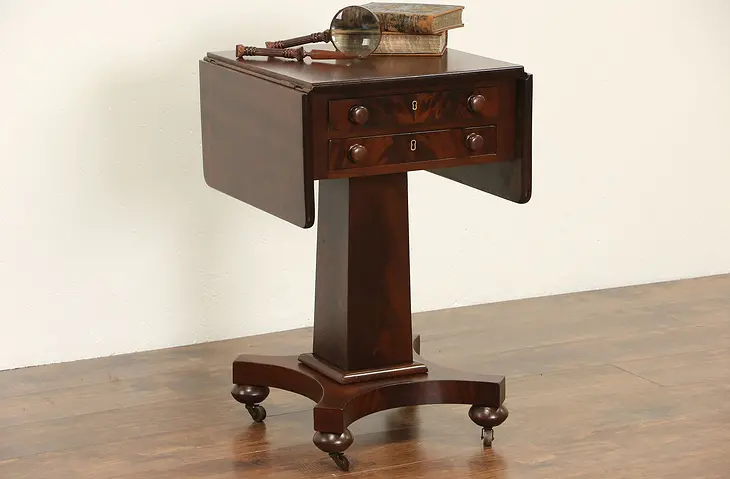 Empire 1835 Antique Mahogany Drop Leaf Sewing Stand or Lamp Table, Nightstand