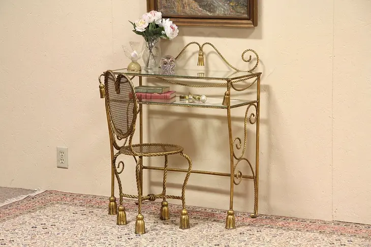 Wrought Iron & Glass Dressing Table or Vanity and Chair
