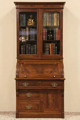Eastlake Victorian Cylinder Roll Top Desk & Bookcase