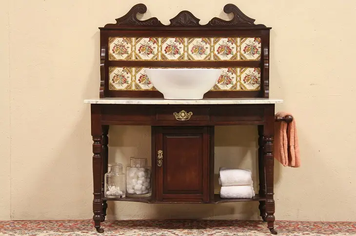 Washstand, Server or Vessel Sink Vanity 1900 Antique Marble & Tile