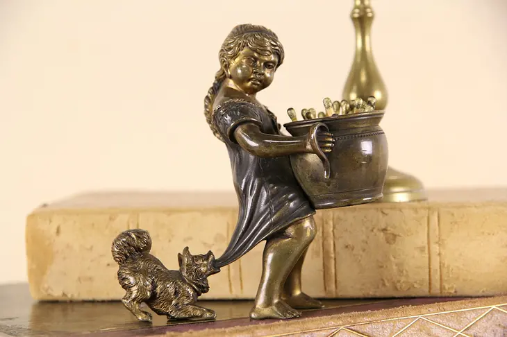 Girl & Dog Antique 1900 Bronze Sculpture or Match Holder