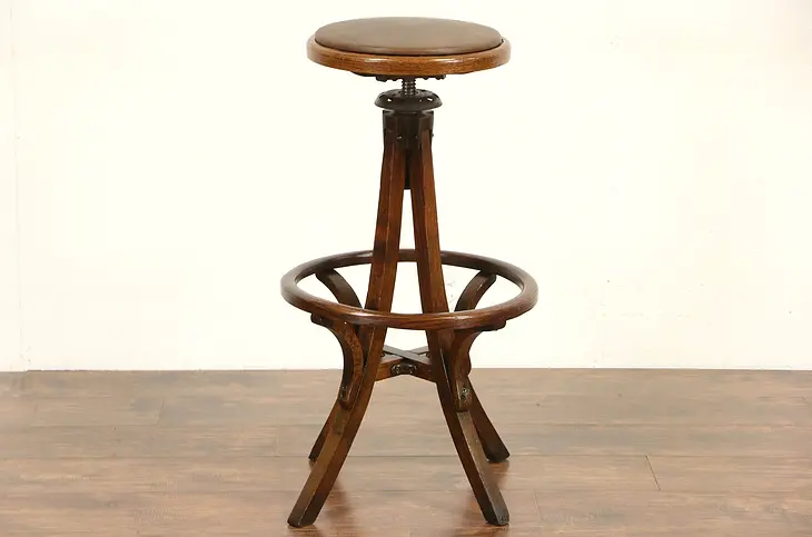 Oak 1920 Antique Swivel Architect or Drafting Stool, Leather Seat