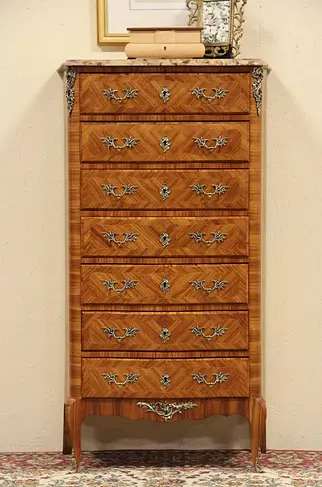 Semainier or Marquetry Tulipwood Lingerie Chest, Marble Top