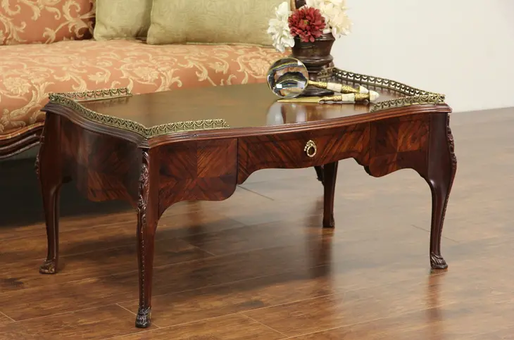 Rosewood French Design 1940's Vintage Coffee Table, Brass Galleries