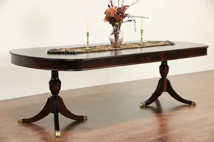 Traditional Mahogany 1940's Vintage Signed 2 Pedestal Dining Table, 3 Leaves