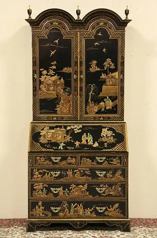 Asian Hand Painted Lacquer Georgian Chinoiserie Secretary Desk