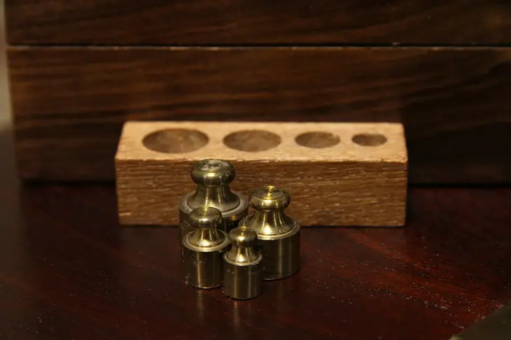 Set of 4 Brass Scale Weights & Holder