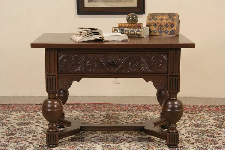 Dutch Oak 1880 Antique Renaissance Center or Hall Table, Ebony Inlay
