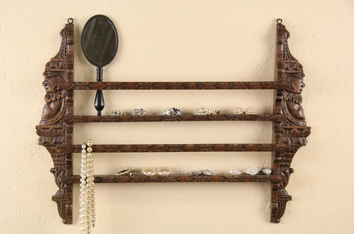 Dutch Oak Carved Faces 1890's Antique Wall Jewelry or Plate Rack, Small 1 of 2