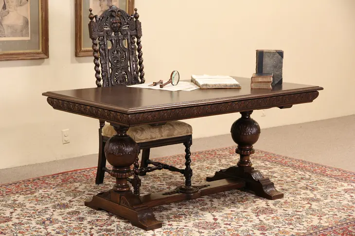 Oak Dutch Renaissance 1915 Antique Library Desk, Writing or Dining Table