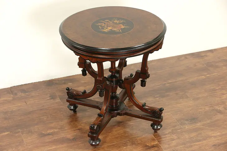 Victorian Eastlake 1875 Antique Center or Lamp Table, Bird & Music Marquetry