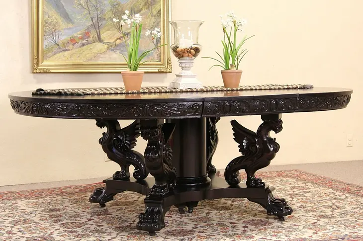 Round 5' Mahogany Antique 1900 Dining Table, Carved Griffins, Extends 8' 8"
