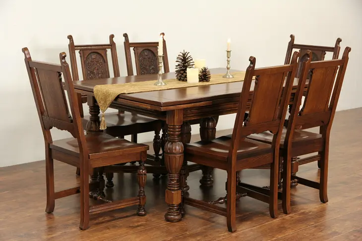 Oak English Tudor 1925 Dining Set, Table, 2 Leaves, 6 Chairs, by Northern