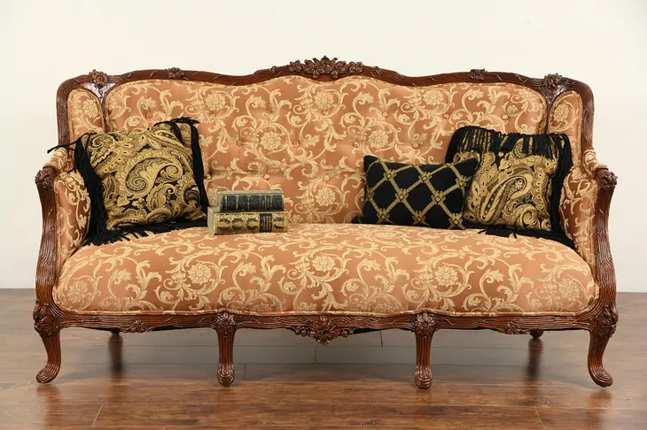 French Style 1930's Carved Vintage Sofa, New Upholstery