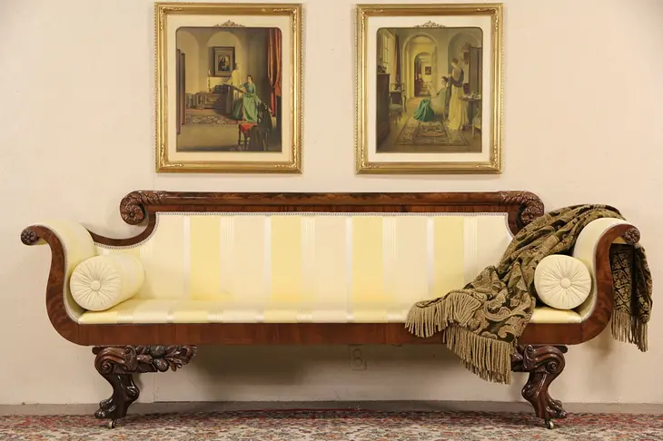 American Empire 1825 Antique Sofa, Carved Lion Paws & Cornucopia