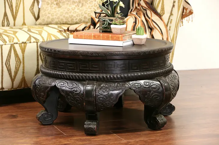 Carved Chinese 1890 Antique Drum Pedestal or Low Table