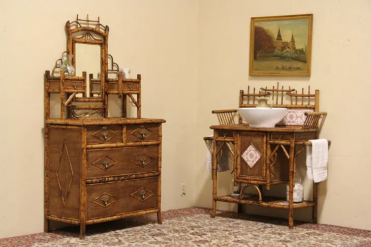 Bamboo & Tile 1880 Antique Chest or Dresser and Washstand Bedroom Set