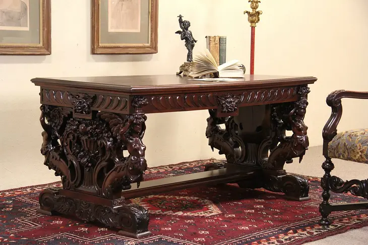 Writing Desk Library Table,1890 Carved Lion Heads, Winged Figures