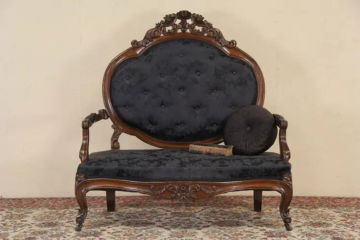Victorian 1860 Antique Carved Walnut Settee or Loveseat, Newly Upholstered