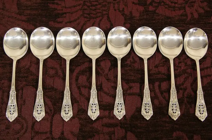 Set of 8 Wallace Rosepoint Sterling Silver Round Cream Soup Spoons