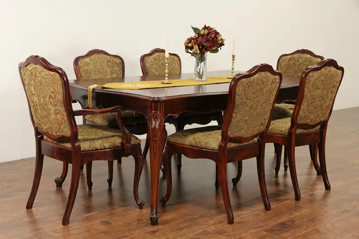 Dining Set, French Style 1940 Vintage Table, 3 Leaves, 6 Chairs