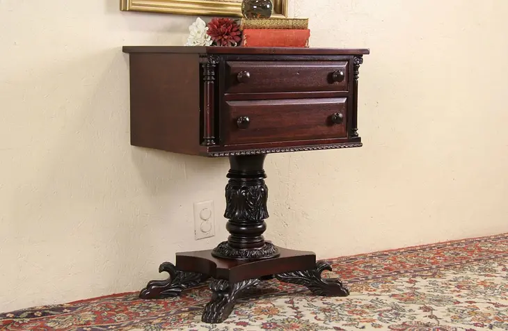 Empire 1900 Antique Sewing Work Table, Nightstand or End Table, Lion Paw Feet