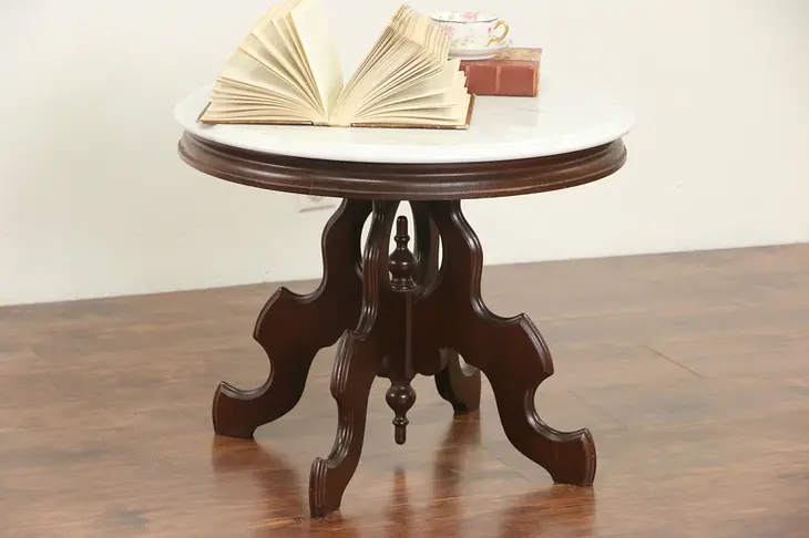 Victorian Style Round Mahogany Coffee Table, Marble Top