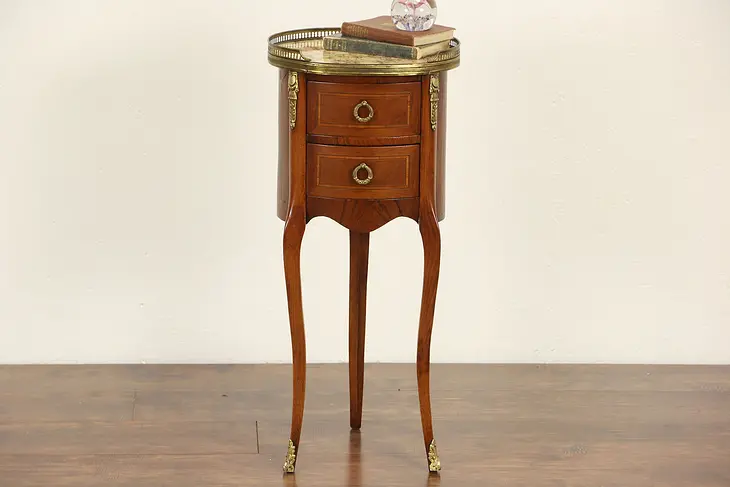 French 1920 Antique Marble Top Marquetry Nightstand or End Table