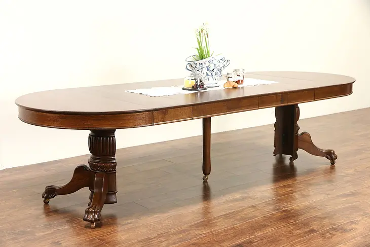Round 1900 Antique 45" Oak Pedestal Dining Table, 6 Leaves, Lion Paw Feet