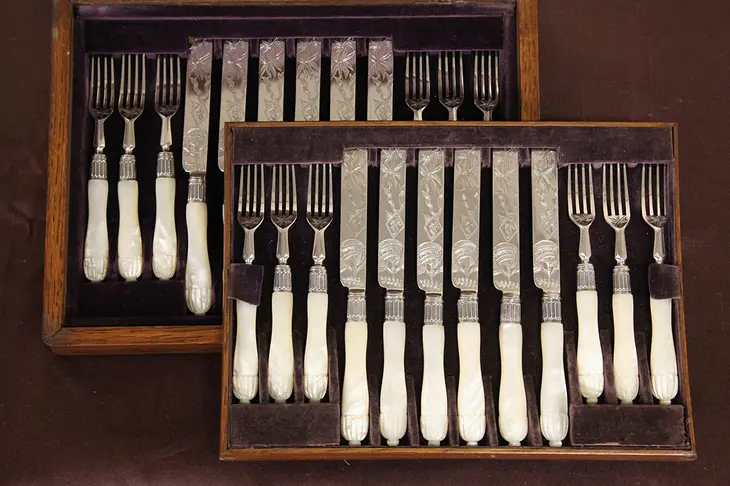 Pearl Handle Silverplate English 1890 Antique Set, Knives & Forks for 12 & Case