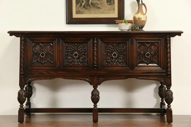 Renaissance Carved Oak 1920 Sideboard or Console, Wine Drawer, Signed Rockford