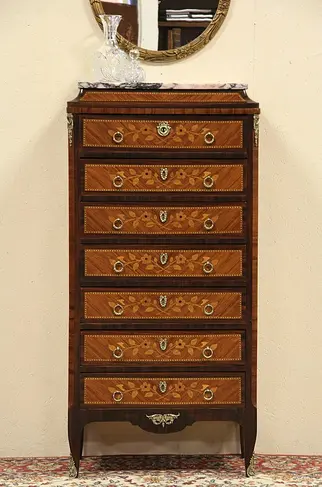 Semainier or Marquetry Rosewood Lingerie Chest, Marble Top