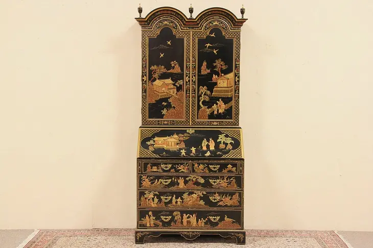 Asian Hand Painted Lacquer Georgian Chinoiserie Secretary Desk