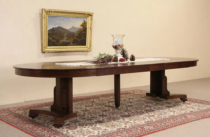 Arts & Crafts Mission Oak 54" Round Dining Table, Extends 10' 7"