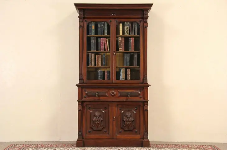 Victorian Renaissance 1860 Antique Carved Walnut Secretary Desk & Bookcase