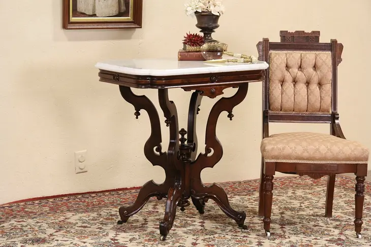 Victorian 1880 Antique Marble & Walnut Parlor Lamp Table, Signed Detroit