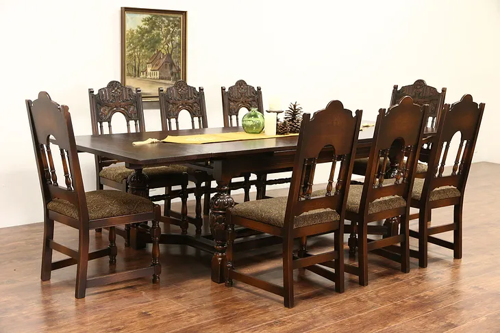 English Tudor Carved Oak 1925 Antique Dining Set, Table & 8 Chairs