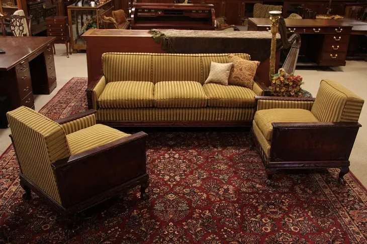 Chippendale Carved Sofa & 2 Armchairs, Down Cushions