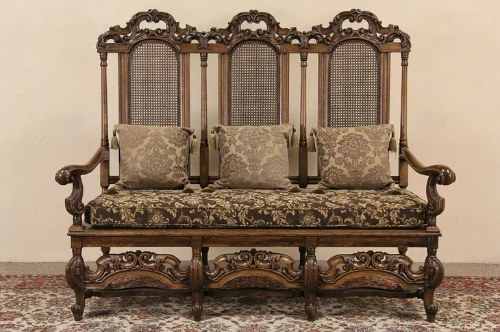 Karpen Chicago Antique 1890 Carved Oak Hall Bench or Settee, Upholstered Cushion