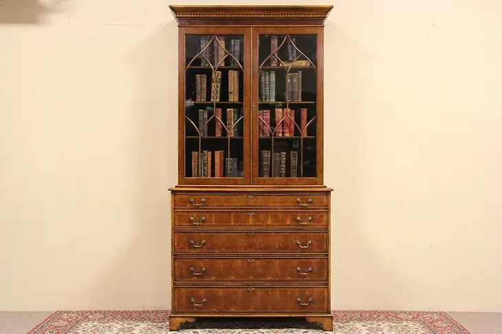 Cherry Banded English 1900 Antique Butler Secretary Desk & Bookcase