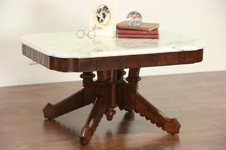 Marble Top Walnut Coffee Table from Victorian 1880 Antique