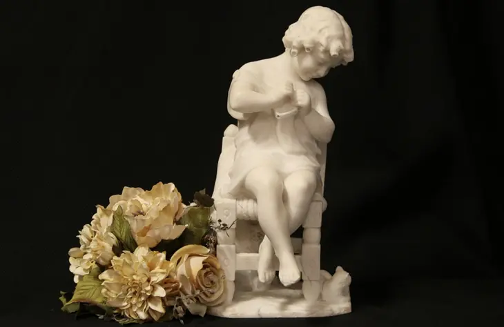 Marble Antique Sculpture of a Young Girl and Kitten