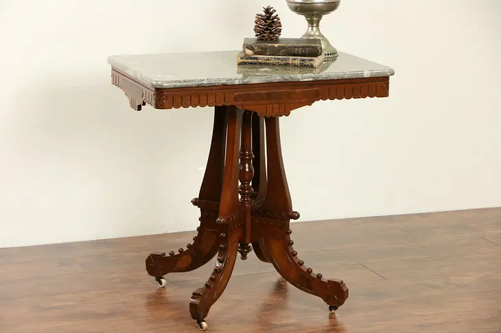 Victorian Eastlake 1880 Antique Parlor Lamp Table, Marble Top with Fossils
