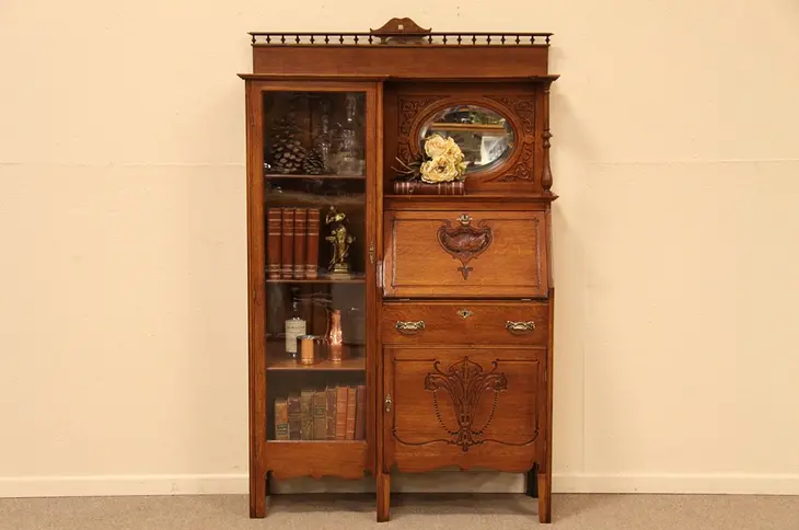 Victorian Carved Oak Bookcase Secretary Desk