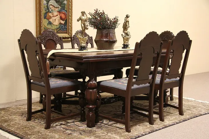 English Tudor 1925 Antique Oak Dining Set, Table & 6 Chairs