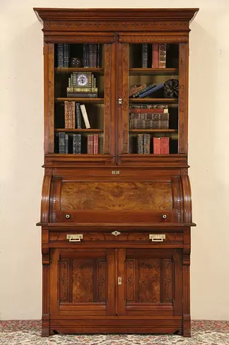 Victorian Eastlake 1870 Cylinder Roll Top Secretary Desk, Bookcase Top